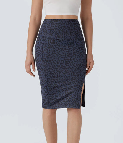 SoCinched High Waisted Tummy Control Butt Lifting Split Midi Leopard Print Casual Shapewear Skirt