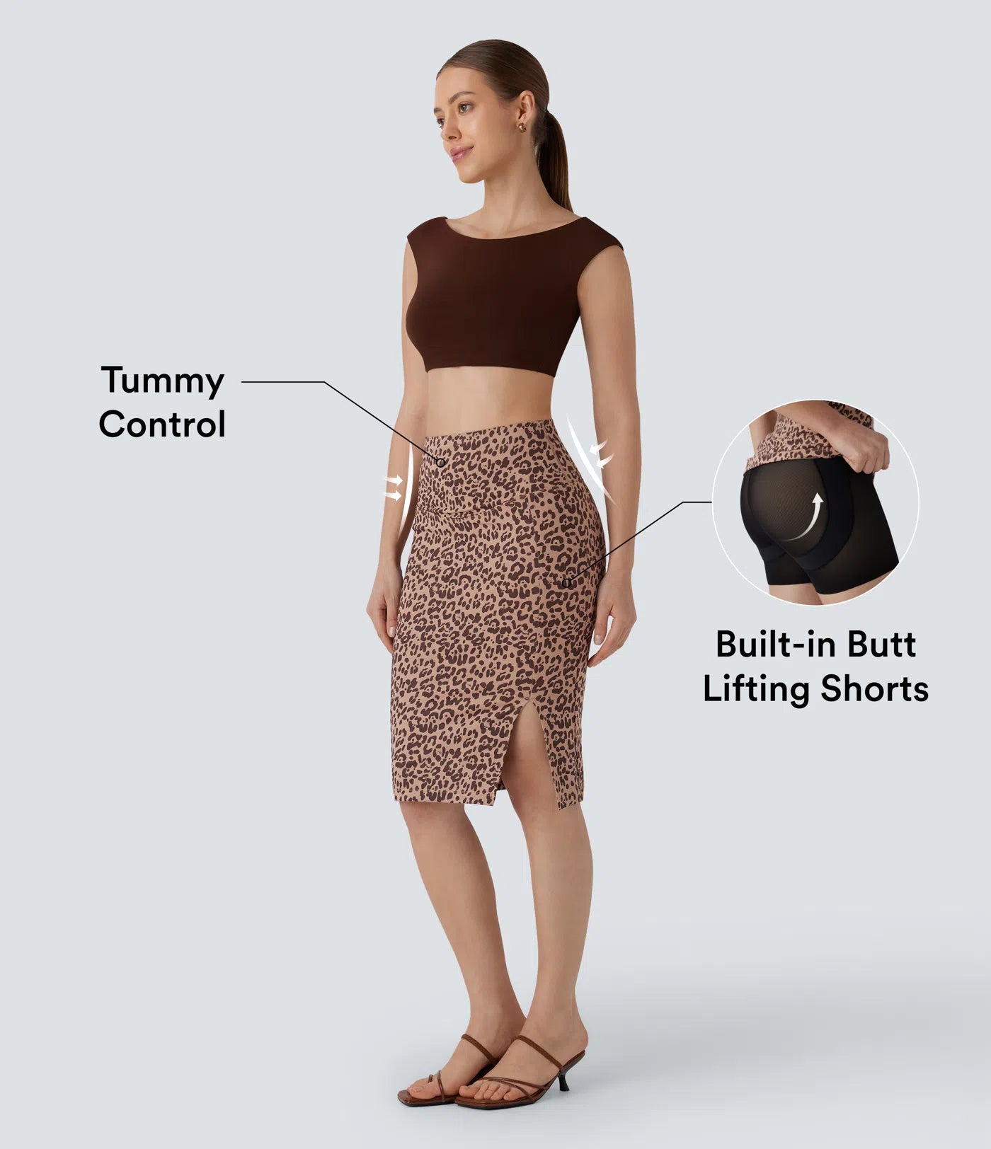SoCinched High Waisted Tummy Control Butt Lifting Split Midi Leopard Print Casual Shapewear Skirt