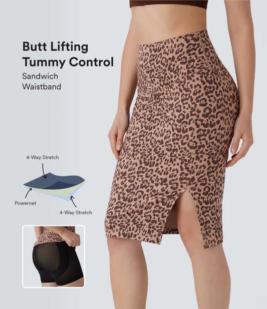 SoCinched High Waisted Tummy Control Butt Lifting Split Midi Leopard Print Casual Shapewear Skirt
