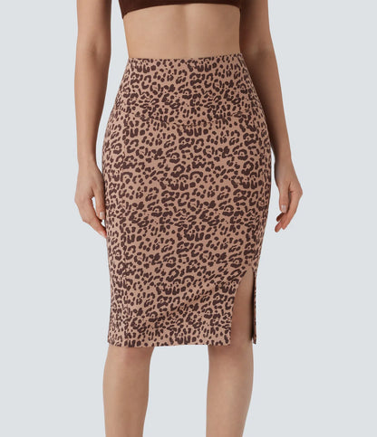 SoCinched High Waisted Tummy Control Butt Lifting Split Midi Leopard Print Casual Shapewear Skirt