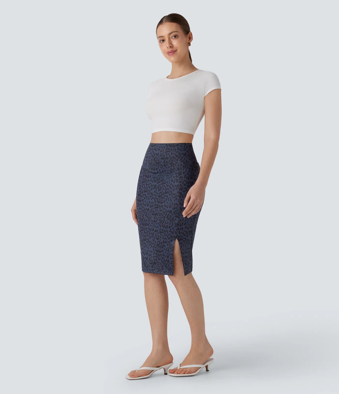 SoCinched High Waisted Tummy Control Butt Lifting Split Midi Leopard Print Casual Shapewear Skirt